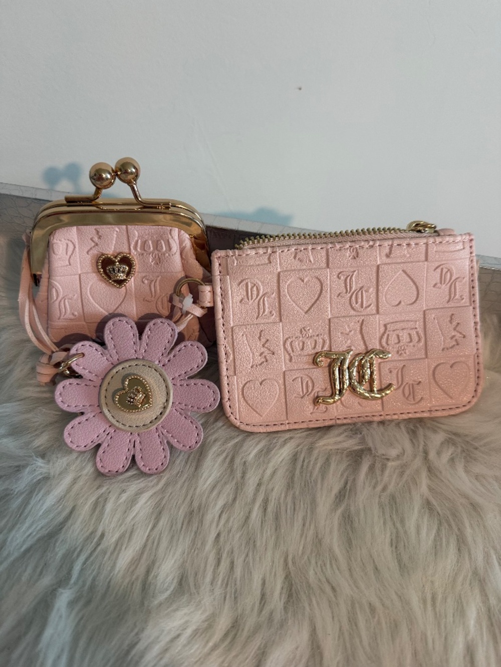 Juicy Couture Pink Leather Card Holder, Coin Purse with Keychain